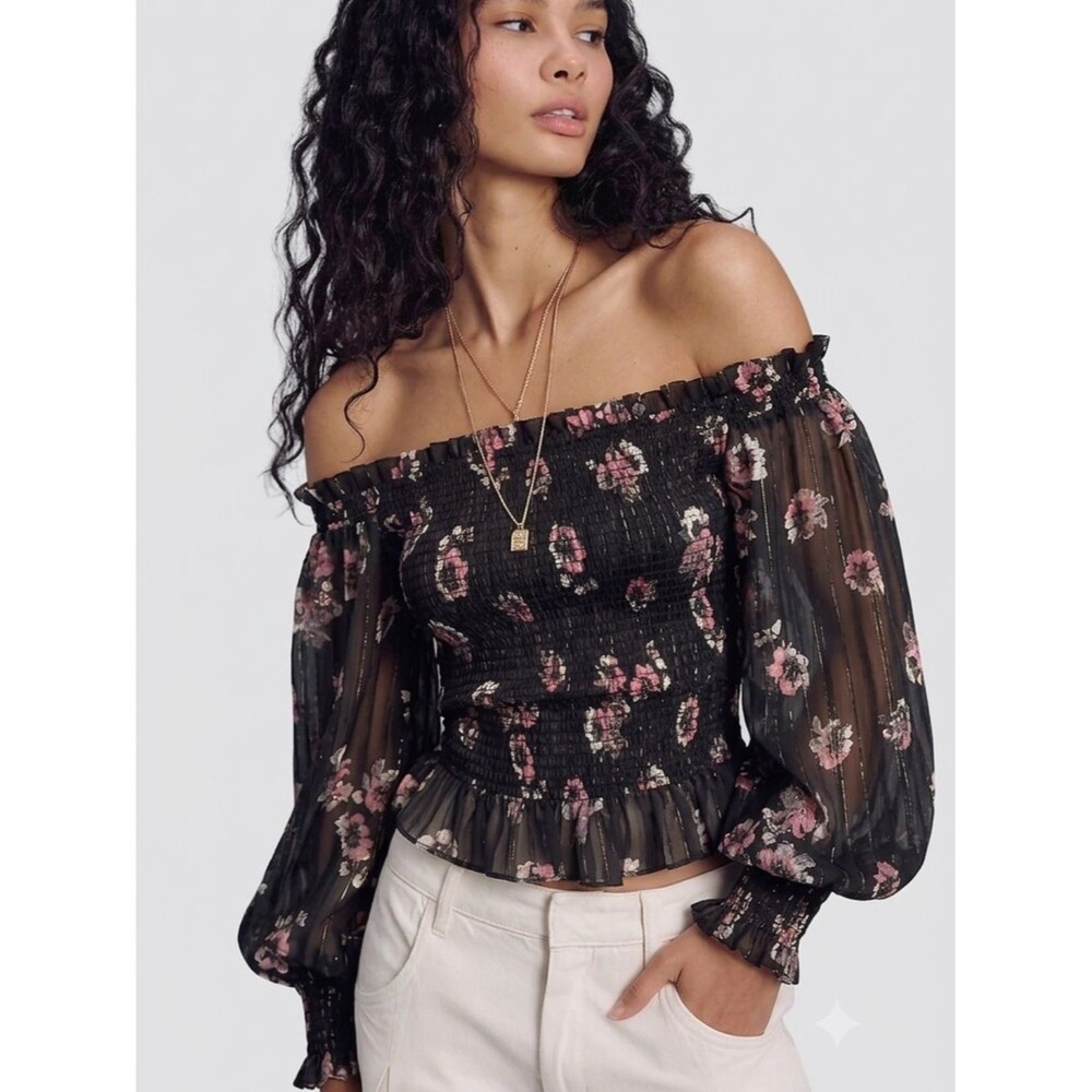 NWT WAYF Floral Metallic Smocked Top Size XS Sheer Off Shoulder Long Sleeve